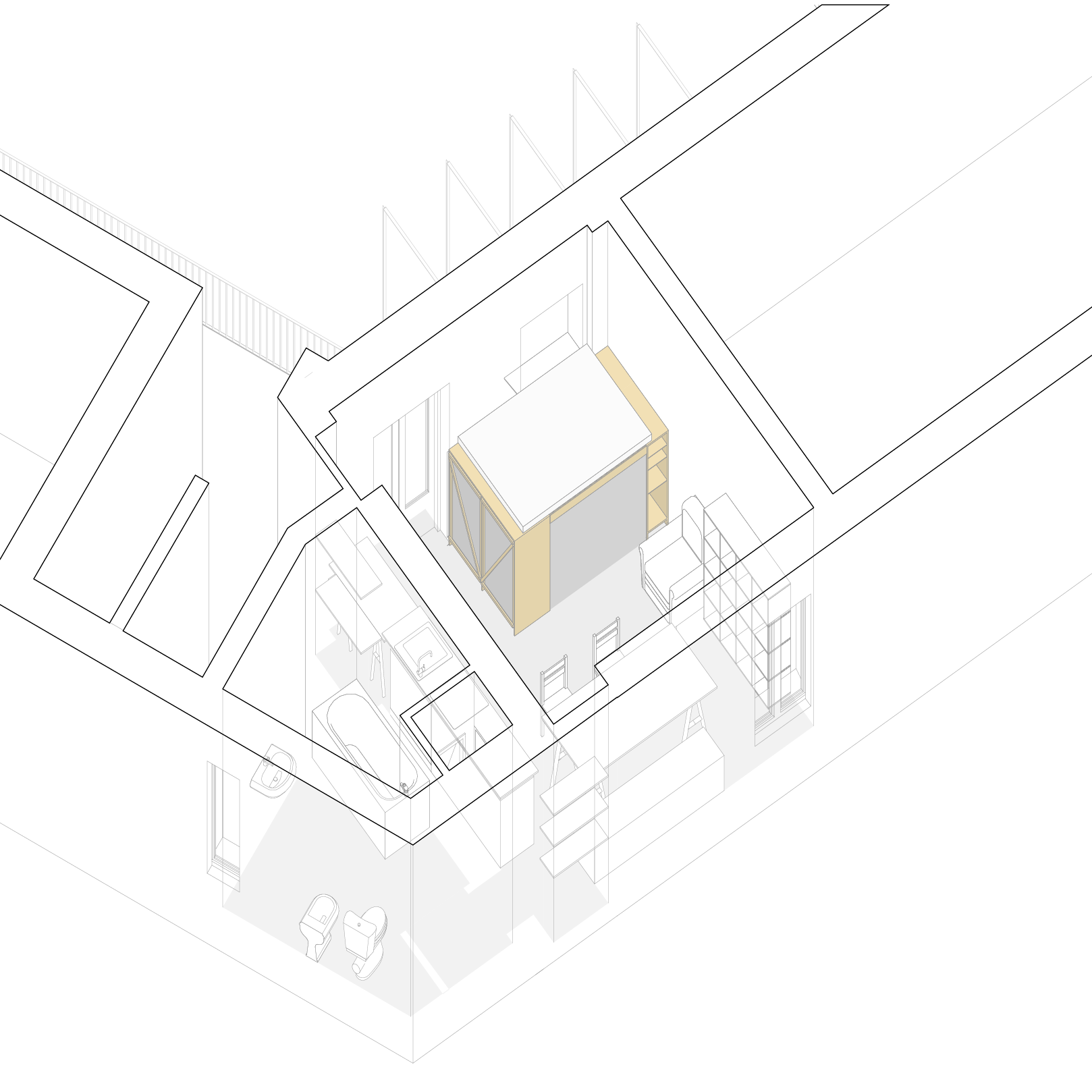 Casa del lavoratore im/materiale: vista d'insieme del dispositivo letto/armadio