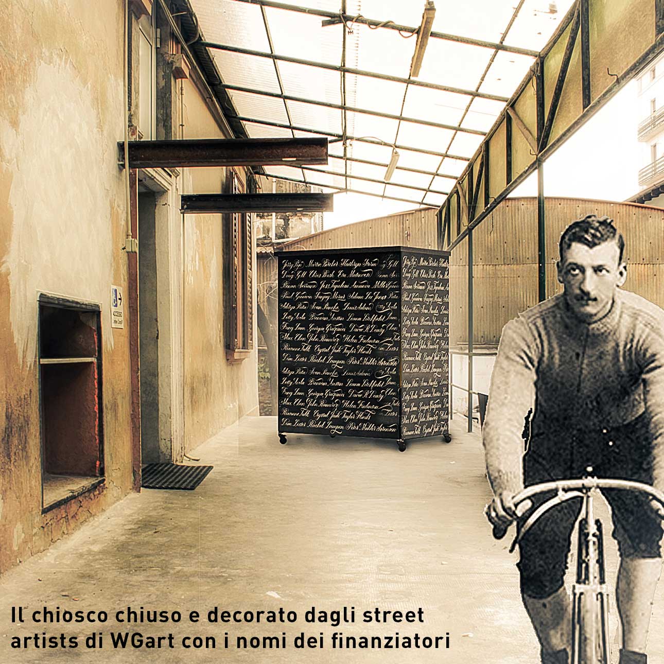 Chiosco chiuso: dettaglio dei serramenti riciclati con i nomi dei crowdfunder