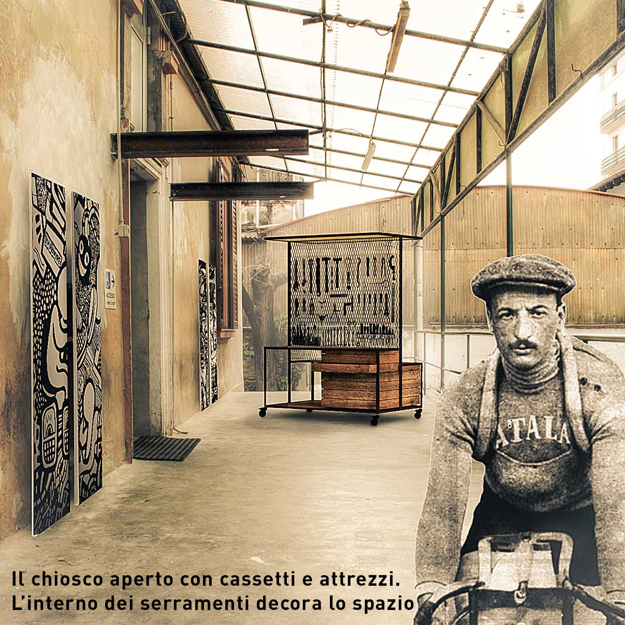 Particolare delle scritte realizzate dai tatuatori locali sui serramenti